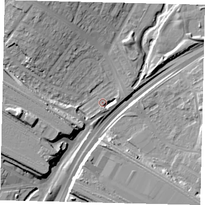 Shaded relief map of the ground around HA96FD, computed from Environment Agency LiDAR. The ground here sits at about 25 m above sea level and falls 23 m across the surrounding 800 m. Surface water reaching this point runs off ground lying to the east-north-east, 3.9 m higher.