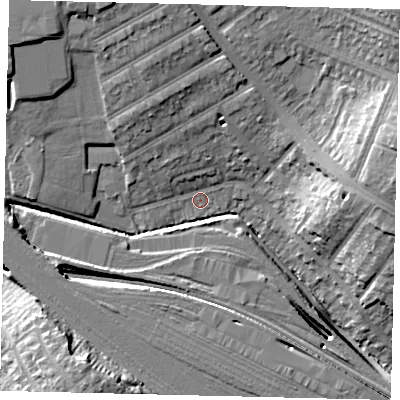 Shaded relief map of the ground around HA96HH, computed from Environment Agency LiDAR. The ground here sits at about 30 m above sea level and falls 22 m across the surrounding 800 m. Surface water reaching this point runs off ground lying to the north-west, 2.9 m higher.