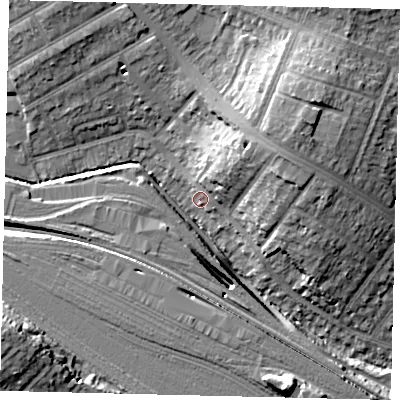Shaded relief map of the ground around HA96HJ, computed from Environment Agency LiDAR. The ground here sits at about 30 m above sea level and falls 23 m across the surrounding 800 m. Surface water reaching this point runs off ground lying to the north-east, 5.4 m higher.