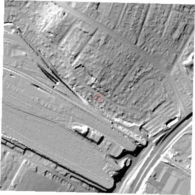 Shaded relief map of the ground around HA96HL, computed from Environment Agency LiDAR. The ground here sits at about 27 m above sea level and falls 23 m across the surrounding 800 m. Surface water reaching this point runs off ground lying to the north, 10.0 m higher.