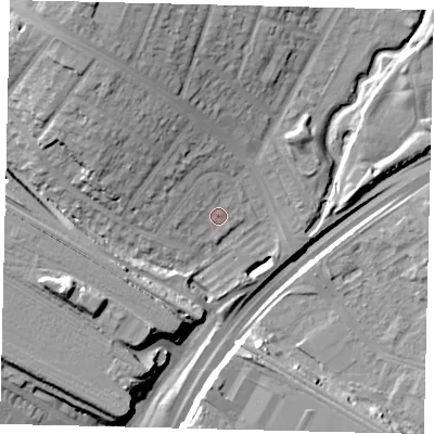 Shaded relief map of the ground around HA96HP, computed from Environment Agency LiDAR. The ground here sits at about 27 m above sea level and falls 23 m across the surrounding 800 m. Surface water reaching this point runs off ground lying to the north-west, 5.3 m higher.