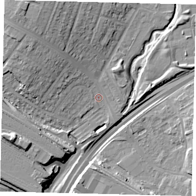 Shaded relief map of the ground around HA96HS, computed from Environment Agency LiDAR. The ground here sits at about 26 m above sea level and falls 23 m across the surrounding 800 m. Surface water reaching this point runs off ground lying to the north-west, 15.6 m higher.