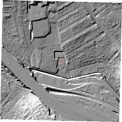 Shaded relief map of the ground around HA96HT, computed from Environment Agency LiDAR. The ground here sits at about 32 m above sea level and falls 21 m across the surrounding 800 m. Surface water reaching this point runs off ground lying to the north-north-west, 12.8 m higher.