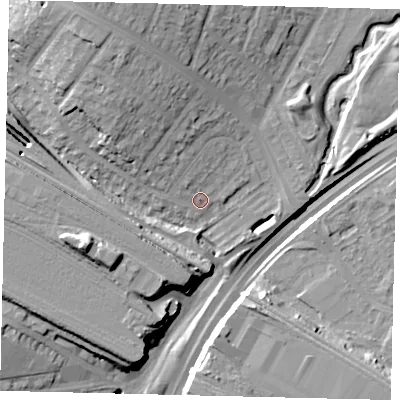 Shaded relief map of the ground around HA96HW, computed from Environment Agency LiDAR. The ground here sits at about 27 m above sea level and falls 23 m across the surrounding 800 m. Surface water reaching this point runs off ground lying to the north-north-west, 5.9 m higher.
