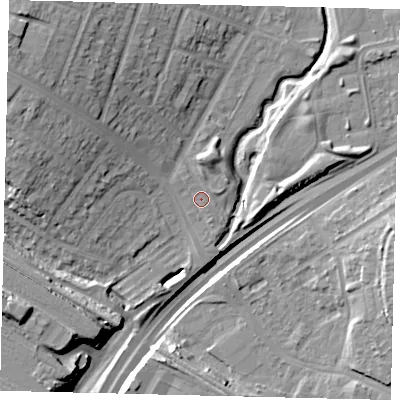 Shaded relief map of the ground around HA96JB, computed from Environment Agency LiDAR. The ground here sits at about 26 m above sea level and falls 23 m across the surrounding 800 m. Surface water reaching this point runs off ground lying to the north-west, 4.6 m higher.