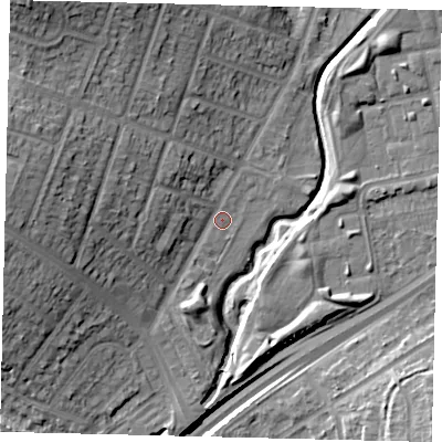 Shaded relief map of the ground around HA96JE, computed from Environment Agency LiDAR. The ground here sits at about 26 m above sea level and falls 23 m across the surrounding 800 m. Surface water reaching this point runs off ground lying to the north-west, 16.3 m higher.