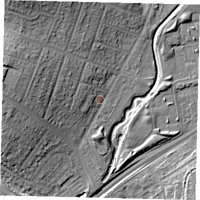 Shaded relief map of the ground around HA96JF, computed from Environment Agency LiDAR. The ground here sits at about 27 m above sea level and falls 23 m across the surrounding 800 m. Surface water reaching this point runs off ground lying to the west-north-west, 12.4 m higher.