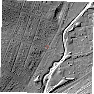 Shaded relief map of the ground around HA96JG, computed from Environment Agency LiDAR. The ground here sits at about 27 m above sea level and falls 23 m across the surrounding 800 m. Surface water reaching this point runs off ground lying to the north-north-west, 8.8 m higher.