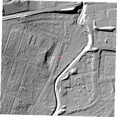 Shaded relief map of the ground around HA96JH, computed from Environment Agency LiDAR. The ground here sits at about 27 m above sea level and falls 20 m across the surrounding 800 m. Surface water reaching this point runs off ground lying to the west-north-west, 14.9 m higher.