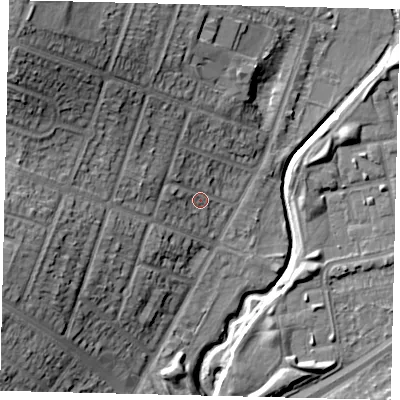 Shaded relief map of the ground around HA96JJ, computed from Environment Agency LiDAR. The ground here sits at about 29 m above sea level and falls 24 m across the surrounding 800 m. Surface water reaching this point runs off ground lying to the north-west, 6.6 m higher.