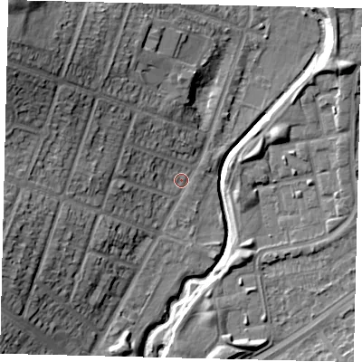 Shaded relief map of the ground around HA96JL, computed from Environment Agency LiDAR. The ground here sits at about 27 m above sea level and falls 23 m across the surrounding 800 m. Surface water reaching this point runs off ground lying to the north-west, 8.4 m higher.