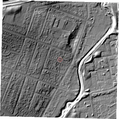 Shaded relief map of the ground around HA96JN, computed from Environment Agency LiDAR. The ground here sits at about 29 m above sea level and falls 24 m across the surrounding 800 m. Surface water reaching this point runs off ground lying to the north-west, 6.7 m higher.