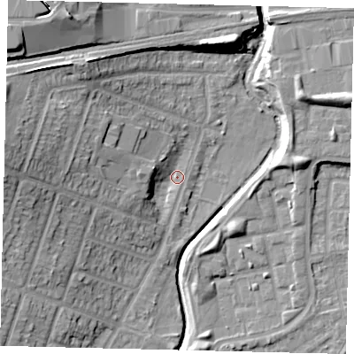 Shaded relief map of the ground around HA96JP, computed from Environment Agency LiDAR. The ground here sits at about 27 m above sea level and falls 20 m across the surrounding 800 m. Surface water reaching this point runs off ground lying to the west, 15.1 m higher.