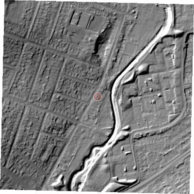 Shaded relief map of the ground around HA96JQ, computed from Environment Agency LiDAR. The ground here sits at about 27 m above sea level and falls 21 m across the surrounding 800 m. Surface water reaching this point runs off ground lying to the north-west, 8.4 m higher.