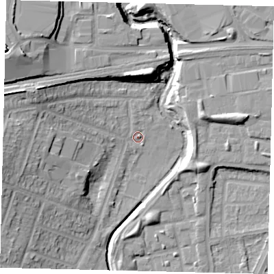 Shaded relief map of the ground around HA96JR, computed from Environment Agency LiDAR. The ground here sits at about 28 m above sea level and falls 20 m across the surrounding 800 m. Surface water reaching this point runs off ground lying to the west-north-west, 12.2 m higher.