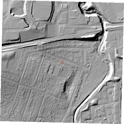 Shaded relief map of the ground around HA96JS, computed from Environment Agency LiDAR. The ground here sits at about 31 m above sea level and falls 22 m across the surrounding 800 m. Surface water reaching this point runs off ground lying to the west, 16.4 m higher.