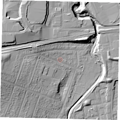 Shaded relief map of the ground around HA96JT, computed from Environment Agency LiDAR. The ground here sits at about 30 m above sea level and falls 21 m across the surrounding 800 m. Surface water reaching this point runs off ground lying to the west, 15.4 m higher.