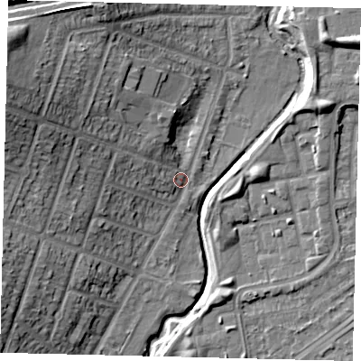 Shaded relief map of the ground around HA96JW, computed from Environment Agency LiDAR. The ground here sits at about 27 m above sea level and falls 21 m across the surrounding 800 m. Surface water reaching this point runs off ground lying to the north-west, 18.0 m higher.