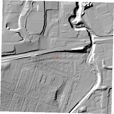 Shaded relief map of the ground around HA96JX, computed from Environment Agency LiDAR. The ground here sits at about 31 m above sea level and falls 21 m across the surrounding 800 m. Surface water reaching this point runs off ground lying to the west, 9.6 m higher.