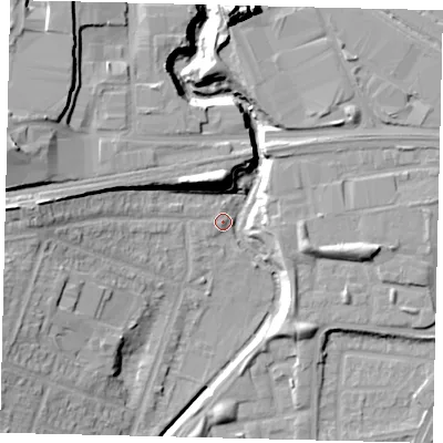 Shaded relief map of the ground around HA96JY, computed from Environment Agency LiDAR. The ground here sits at about 28 m above sea level and falls 21 m across the surrounding 800 m. Surface water reaching this point runs off ground lying to the south-south-west, 2.0 m higher.