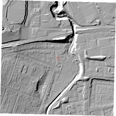 Shaded relief map of the ground around HA96LA, computed from Environment Agency LiDAR. The ground here sits at about 28 m above sea level and falls 19 m across the surrounding 800 m. Surface water reaching this point runs off ground lying to the west-north-west, 11.5 m higher.