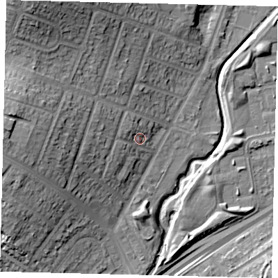 Shaded relief map of the ground around HA96NR, computed from Environment Agency LiDAR. The ground here sits at about 29 m above sea level and falls 25 m across the surrounding 800 m. Surface water reaching this point runs off ground lying to the north-west, 3.3 m higher.