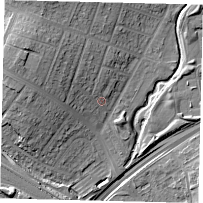 Shaded relief map of the ground around HA96NU, computed from Environment Agency LiDAR. The ground here sits at about 29 m above sea level and falls 23 m across the surrounding 800 m. Surface water reaching this point runs off ground lying to the north-west, 10.4 m higher.