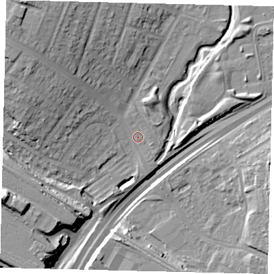 Shaded relief map of the ground around HA96PG, computed from Environment Agency LiDAR. The ground here sits at about 26 m above sea level and falls 23 m across the surrounding 800 m. Surface water reaching this point runs off ground lying to the north-west, 15.6 m higher.
