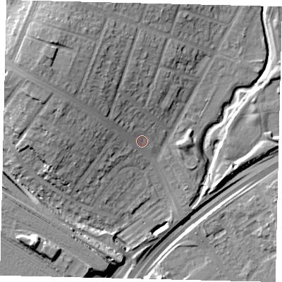 Shaded relief map of the ground around HA96PL, computed from Environment Agency LiDAR. The ground here sits at about 29 m above sea level and falls 23 m across the surrounding 800 m. Surface water reaching this point runs off ground lying to the north-west, 13.5 m higher.