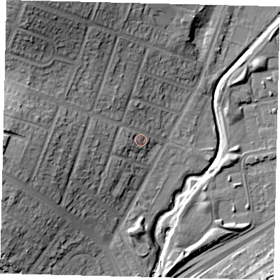 Shaded relief map of the ground around HA96RN, computed from Environment Agency LiDAR. The ground here sits at about 29 m above sea level and falls 23 m across the surrounding 800 m. Surface water reaching this point runs off ground lying to the north-west, 17.9 m higher.