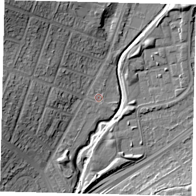 Shaded relief map of the ground around HA96RP, computed from Environment Agency LiDAR. The ground here sits at about 26 m above sea level and falls 21 m across the surrounding 800 m. Surface water reaching this point runs off ground lying to the north-west, 0.6 m higher.