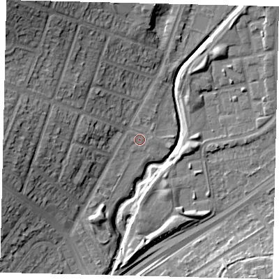 Shaded relief map of the ground around HA96RW, computed from Environment Agency LiDAR. The ground here sits at about 26 m above sea level and falls 23 m across the surrounding 800 m. Surface water reaching this point runs off ground lying to the north, 0.6 m higher.