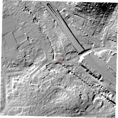 Shaded relief map of the ground around HA98FF, computed from Environment Agency LiDAR. The ground here sits at about 33 m above sea level and falls 29 m across the surrounding 800 m. The ground contributing surface water to this point lies to the north-east.