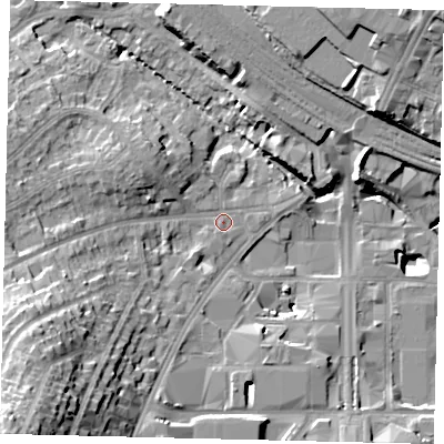 Shaded relief map of the ground around HA98HP, computed from Environment Agency LiDAR. The ground here sits at about 34 m above sea level and falls 34 m across the surrounding 800 m. Surface water reaching this point runs off ground lying to the south-west, 27.5 m higher.