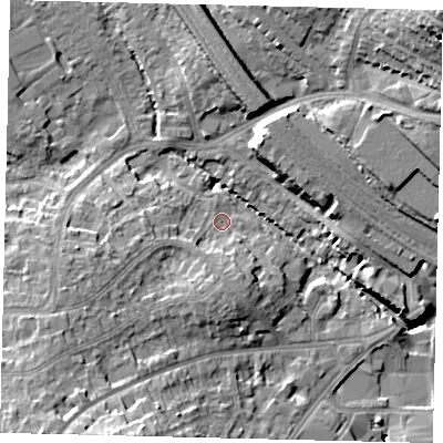 Shaded relief map of the ground around HA98HU, computed from Environment Agency LiDAR. The ground here sits at about 33 m above sea level and falls 24 m across the surrounding 800 m. Surface water reaching this point runs off ground lying to the south, 6.5 m higher.