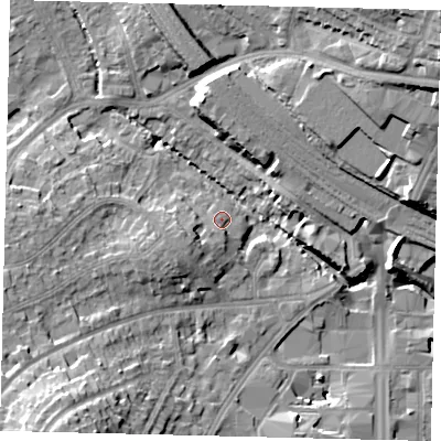 Shaded relief map of the ground around HA98JH, computed from Environment Agency LiDAR. The ground here sits at about 34 m above sea level and falls 23 m across the surrounding 800 m. Surface water reaching this point runs off ground lying to the south-west, 3.6 m higher.