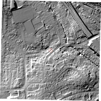 Shaded relief map of the ground around HA98LH, computed from Environment Agency LiDAR. The ground here sits at about 34 m above sea level and falls 19 m across the surrounding 800 m. Surface water reaching this point runs off ground lying to the south-south-west, 6.2 m higher.