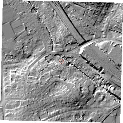 Shaded relief map of the ground around HA98LJ, computed from Environment Agency LiDAR. The ground here sits at about 33 m above sea level and falls 21 m across the surrounding 800 m. Surface water reaching this point runs off ground lying to the south-west, 13.0 m higher.