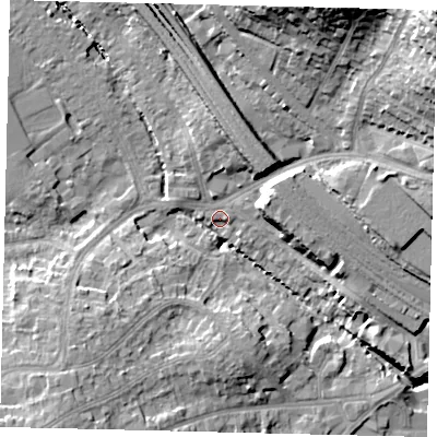 Shaded relief map of the ground around HA98LL, computed from Environment Agency LiDAR. The ground here sits at about 32 m above sea level and falls 28 m across the surrounding 800 m. Surface water reaching this point runs off ground lying to the north-east, 28.3 m higher.