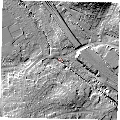 Shaded relief map of the ground around HA98LN, computed from Environment Agency LiDAR. The ground here sits at about 33 m above sea level and falls 24 m across the surrounding 800 m. Surface water reaching this point runs off ground lying to the north-east, 21.2 m higher.