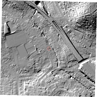 Shaded relief map of the ground around HA98LX, computed from Environment Agency LiDAR. The ground here sits at about 33 m above sea level and falls 41 m across the surrounding 800 m. Surface water reaching this point runs off ground lying to the west-north-west, 8.6 m higher.