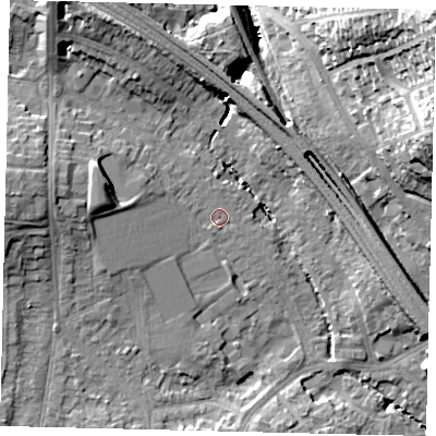 Shaded relief map of the ground around HA98LZ, computed from Environment Agency LiDAR. The ground here sits at about 34 m above sea level and falls 35 m across the surrounding 800 m. Surface water reaching this point runs off ground lying to the west, 6.3 m higher.