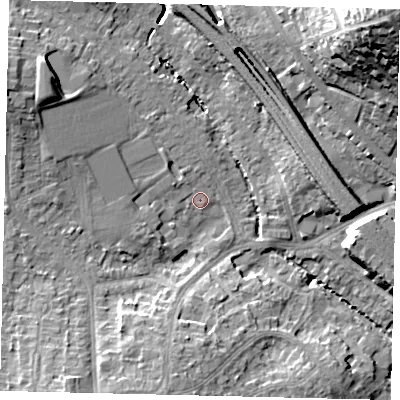 Shaded relief map of the ground around HA98NA, computed from Environment Agency LiDAR. The ground here sits at about 33 m above sea level and falls 35 m across the surrounding 800 m. Surface water reaching this point runs off ground lying to the south-south-west, 9.2 m higher.
