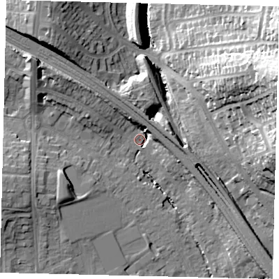 Shaded relief map of the ground around HA98NR, computed from Environment Agency LiDAR. The ground here sits at about 34 m above sea level and falls 34 m across the surrounding 800 m. Surface water reaching this point runs off ground lying to the north-west, 15.8 m higher.