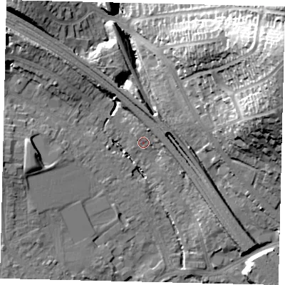 Shaded relief map of the ground around HA98NT, computed from Environment Agency LiDAR. The ground here sits at about 34 m above sea level and falls 41 m across the surrounding 800 m. Surface water reaching this point runs off ground lying to the east-north-east, 7.3 m higher.