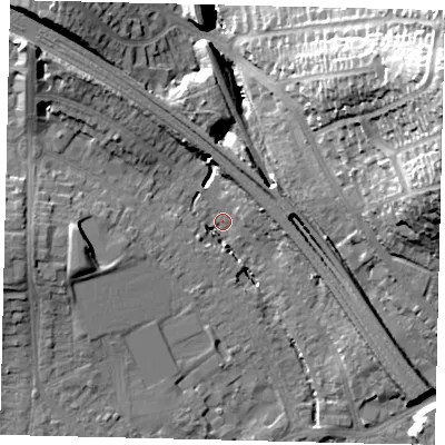 Shaded relief map of the ground around HA98NY, computed from Environment Agency LiDAR. The ground here sits at about 33 m above sea level and falls 37 m across the surrounding 800 m. Surface water reaching this point runs off ground lying to the north-west, 15.8 m higher.