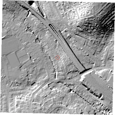 Shaded relief map of the ground around HA98NZ, computed from Environment Agency LiDAR. The ground here sits at about 33 m above sea level and falls 41 m across the surrounding 800 m. Surface water reaching this point runs off ground lying to the north-north-west, 10.2 m higher.