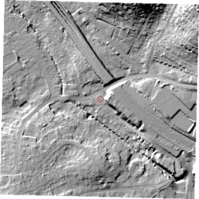 Shaded relief map of the ground around HA98PG, computed from Environment Agency LiDAR. The ground here sits at about 33 m above sea level and falls 34 m across the surrounding 800 m. Surface water reaching this point runs off ground lying to the north-east, 34.4 m higher.