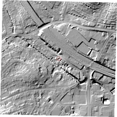 Shaded relief map of the ground around HA98PH, computed from Environment Agency LiDAR. The ground here sits at about 34 m above sea level and falls 32 m across the surrounding 800 m. Surface water reaching this point runs off ground lying to the north-east, 29.8 m higher.