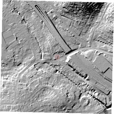 Shaded relief map of the ground around HA98RS, computed from Environment Agency LiDAR. The ground here sits at about 33 m above sea level and falls 31 m across the surrounding 800 m. Surface water reaching this point runs off ground lying to the north-north-east, 28.2 m higher.